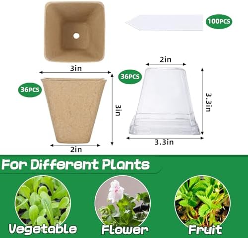 Aulock 36 Sets Plant Nursery Pots with Humidity Dome - 3in Seed Starting Pots, Square Peat Pots with 100 Labels for Garden Flowers Herbs Vegetables Seedlings - Image 5