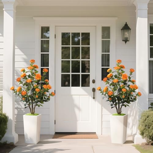 Romantic Season 4FT Artificial Camellia Tree with White Tall Planter, Orange Faux Camellia Plant Flower Tree for Modern Home Office Living Room Floor Décor Outdoor Indoor，Orange - Image 7