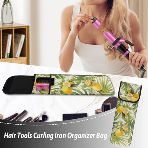 Flat Iron Case Holder Silicone Heat Resistant Neoprene Curling Iron Straightener Holder Cover Bag and Silicone Travel Mat for Travel Daily Hair Tools Curling Lemon Leaf - Image 4