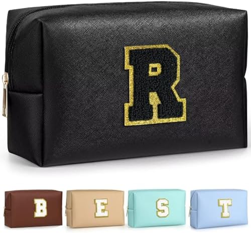 TOPEAST Cosmetic Travel Bags for Women, Preppy Small Makeup Bag, PU Leather Waterproof Toiletry Bag, Unique Friendship Gifts for Friends Coworker, Cute Stuff for Girls (Black R) by TOPEAST