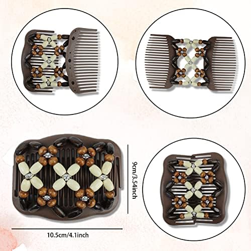3 Pieces Stretchy Double Comb Hair Clip Magic Hair Side Combs for Women Elastic Wood Beaded Hair Bun Maker Hair Accessories for Curly Thick Wavy Hair (Purple, Blue, White) - Image 2
