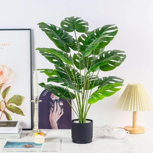 Der Rose 28" Fake Plants, Monstera Floor Plant, Black Pot for Office Decor - Image 2