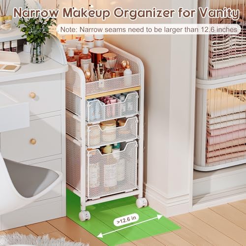Hongtamoya Rolling Makeup Cart Organizer with 3 Drawers, Narrow Floor Skincare Organizers, Vanity Organizer Cosmetics Display Cases Holder for Skin Care Nail Polish Perfume Makeup Brush, White - Image 2