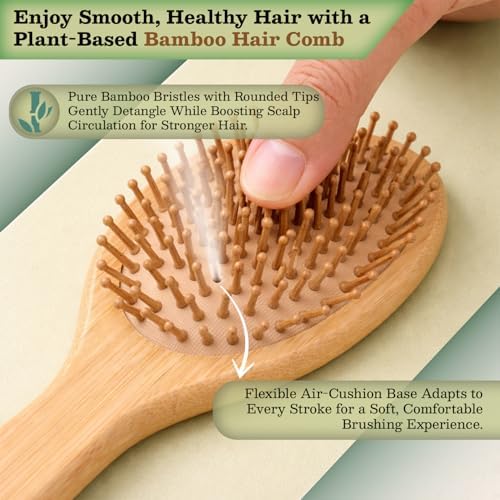 Bamboo Hair Brush for Women and Men, Wooden Paddle Hair Brush with Rounded Bamboo Pins for Gentle Detangling and Scalp Massage, for Thick, Thin, Straight, Curly, Wet and Dry Hair - Image 4