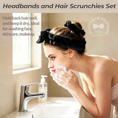 LEOBRO Spa Headband, 6pcs Makeup Headbands and Hair Scrunchies, Bow Skin Care Headband for Washing Face for Teen Girls Women, Easter Basket Valentines Christmas Gift for Girls, Black & White & Gray - Image 2