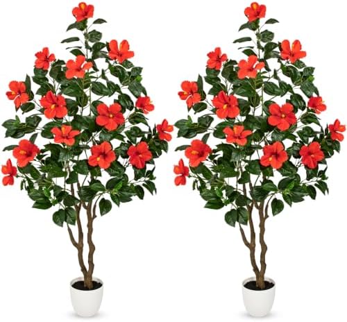 Briful 63" Artificial Hibiscus Trees 2 Pack, Faux Tropical Plants, Red by Briful