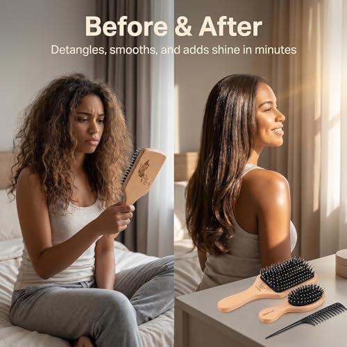 Boar Bristle Hair Brush and Comb Set for Women Men Kids, Best Natural Wooden Paddle Hairbrush and Small Travel Styling Brush for Wet or Dry Hair Detangling Smoothing Massaging - Image 4