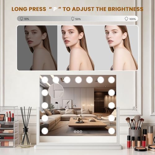Vanity Mirror with Lights, 23"×19" Hollywood Makeup Mirror with 15 Dimmable Bulbs, 3-Color Lighting, Dimmable, 360° Rotation, 10x Magnification, Desk Mirror, Bedroom (White) - Image 4