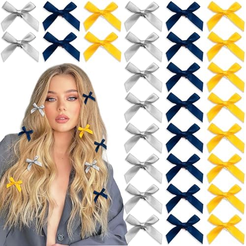 30PCS Mini Bow Clips Yellow Bows for Hair Satin Grey Hair Ribbon Y2K Navy Cute Hair Bows 3 Colors Small Hair Accessories for Girls Women by YAEISM