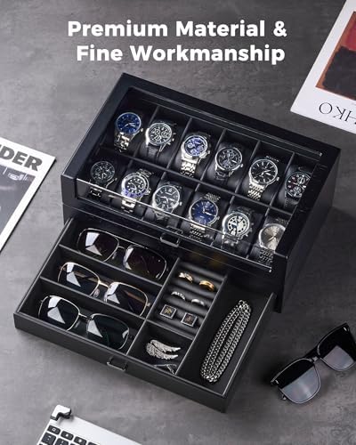 ProCase High End Wooden Watch Box for Men, 2-Layer Wood Watch Display Case Men's Jewelry Organizer Box with Drawer -12 Slot, Black - Image 7