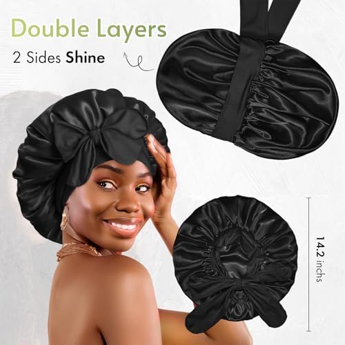 BONNET QUEEN Reversible Silk Satin Sleeping Bonnet Double Layer Adjustable Bonnets Curly Braids Wig Natural Hair Wrap Night Hat Cap Band Shower M Black - Image 3