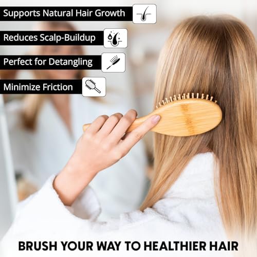 Bamboo Hair Brush for Women and Men, Wooden Paddle Hair Brush with Rounded Bamboo Pins for Gentle Detangling and Scalp Massage, for Thick, Thin, Straight, Curly, Wet and Dry Hair - Image 5