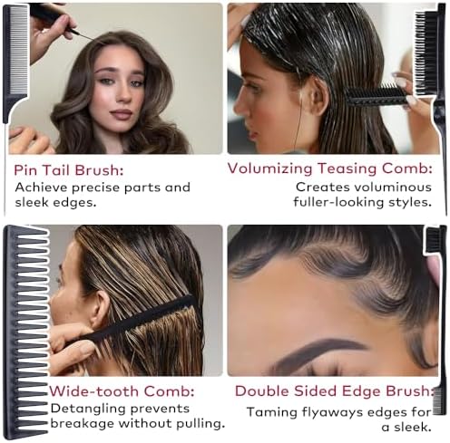 Slick Back Hair Teasing Boar Bristle Brush Set for Flyaways, Edge Hair Brushes, Volume Comb, Rat Tail Comb, Wide Tooth for Girls, Kids, Women & Men - Image 3