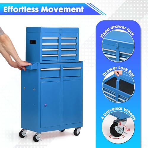 Dawmilon 5-Drawer Rolling Tool Chest with Wheels - Large Tool Storage Cabinet with Detachable Toolbox for Repair Room, Warehouse - Rolling Tool Box with Hooks, Liners, Blue - Image 6