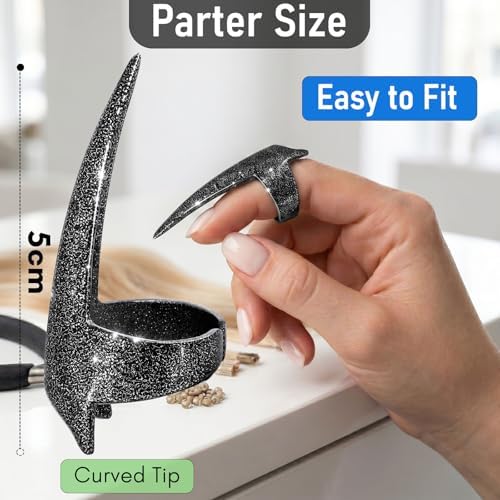 Hair Parting & Sectioning Ring - Stainless Steel Finger Braiding Hair Pick Tools Quick Installation of Human Hair Extensions Hair Styling Tools (Black Glitter) - Image 3