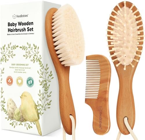 Wooden Baby Hair Brush Set for Newborns, Toddler Comb (Golden Oak, Regular) by KeaBabies