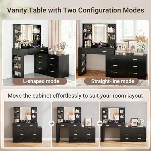 ELYKEN Makeup Vanity Desk with Mirror and Lights, Dresser Combo, Black - Image 3