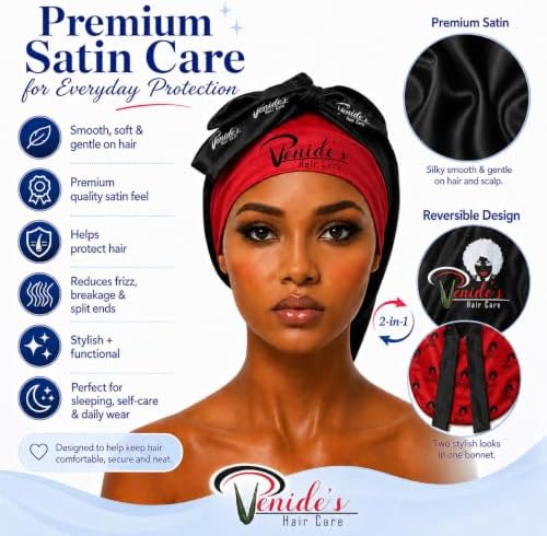 Venide's Reversible Satin Bonnet for Women - Adjustable Tie Strap Sleep Cap for Curly & Natural Hair - Image 2