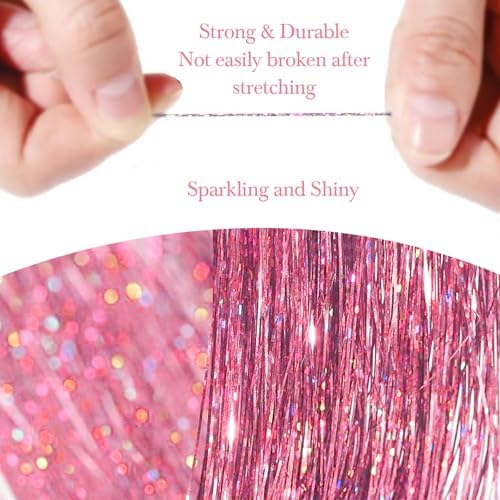 Hair Tinsel 8 Packs 1600 Strands 50 Inch Tinsel Hair Extensions Rouge Pink Heat Resistant Glitter Sparkling Shinny Fairy Hair Accessories for Women(Rouge Pink, 50Inch) - Image 3