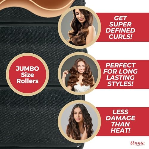 Annie Silky Satin Jumbo Hair Rollers - 6 Pack Black Foam Sponge Curlers for Heatless Curls - Soft Sleep Styler Pillow Rollers for All Hair Types, Prevents Breakage & Frizz (1.5 Inch Diameter) - Image 4
