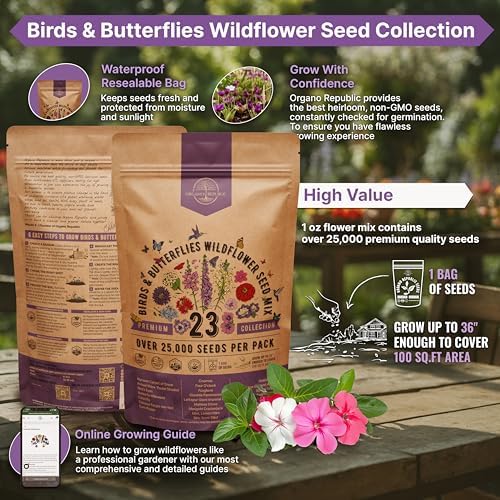 Organo Republic 23 Wildflower Seeds Annual & Perennial Mix for Indoor & Outdoors, Attract Birds & Butterflies 25,000+ Non-GMO, Heirloom Garden Seeds, 1oz Packet for Growing Wild Flowers - Image 2
