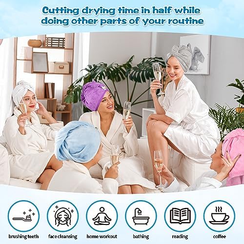 Hair Towel Wrap, 5 Pack Quick Dry Hair Wrap, Highly Absorbent Adjustable Soft Towel Wrap, Anti Frizz Hair Turban with Button & Elastic Loop Hair Towels for Women Wet, Curly, Long Hair - Image 6