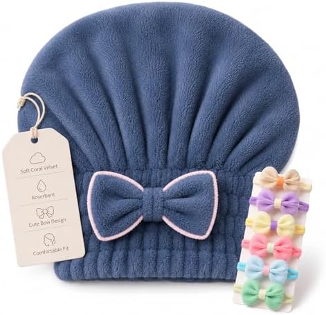 Coral Velvet Cute Bow Bath Cap for Women, Ultra Soft Absorbent Hair Drying Cap, Quick Dry Hair Towel Wrap, Towel Turban for Wet Hair, Curly, Long & Thick Hair (3, Blue) by Unknown
