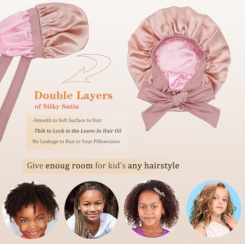 2 PCS Kids Bonnets for Girls,Silk Bonnet for Kids Boys,Double Layer Reversible Satin Bonnet Sleep Cap for Child 3-12Y (pink&pink) - Image 3