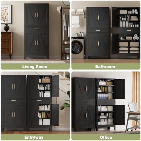 COFaR 71" Tall Metal Storage Cabinet with 4 Doors and 4 Adjustable Shelves, 6-Tier Farmhouse Storage Cabinet with Drawers and Legs, for Office, Home, Garage, Gym, School, Living Room, Hallway（Black） - Image 4