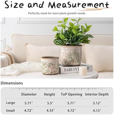 Ceramic Plant Pots Set of 2, 4.7 & 5.7 Inch Vintage Indoor Planters with Drainage Hole, Farmhouse Ceramic Flower Pots for Indoor Plants, Rustic Cottage Decor for Home Kitchen Garden, Green - Image 3