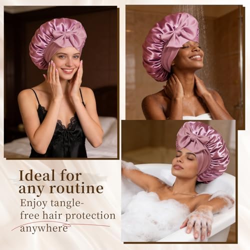 Silk Bonnet for Women, Satin Bonnet for Sleeping, Large Sleep Cap with Elastic Tie Band for Curly Hair, Pink - Image 5