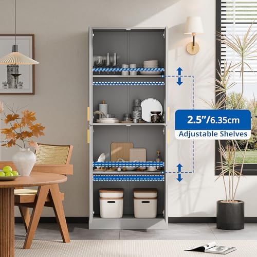 Cozy Castle Kitchen Pantry Cabinet, 71" Tall Wood Storage Cabinet with Doors and Shelves 4 Doors Freestanding Cupboard for Dining Room Living Room Furniture, Gray - Image 5