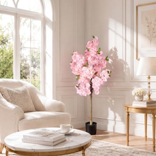 Cherry Blossom Tree 4FT Artificial Plants Indoor - Reinforced Spiral Connection Base & Anti-Shedding Silk Sakura Flowers, Faux Pink Tree for Living Room Home Office Bedroom Decor - Image 2