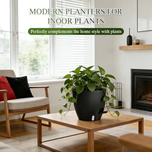 Self Watering Pots with Drainage Holes, 2 Pack 10 Inch Plant Pots with Water Level Indicator Deep Reservoir, Large Plastic Planter for Indoor Outdoor Plants - Black - Image 7