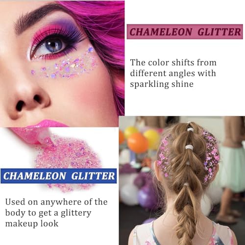 MEICOLY Chameleon Light Pink Body Glitter,Chunky Face Glitter for Halloween,Color Changing Mermaid Face Glitter Gel,Holographic Pink Halloween Hair Glitter for Concerts Festival Party - Image 3