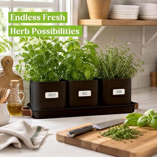 volila Herb Planter Indoor - Set of 3 Black Indoor Herb Garden Pots for Plants with Leather Handled Tray - Window Sill Plant Shelf - Herb Pots with Drainage Holes and Labels - Image 7