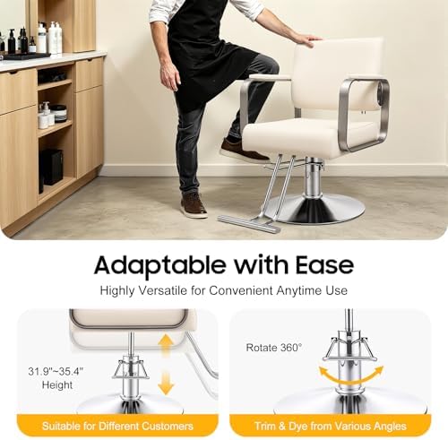 Salon Chair for Hair Stylist w/Heavy Duty Hydraulic Pump, 360° Swivel Spa Beauty Equipment for Hair Stylist Women Man, Hair Salon Barber Chair Beauty Barbering Chair, Load 441 Lbs (Beige-white+Sliver) - Image 4