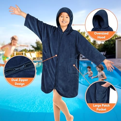 SUN CUBE Kids Hooded Towel Robe, Zip-Up Fleece Swim Cover Up, Ages 7-12 - Image 3