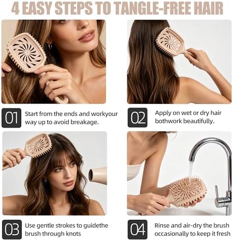 Detangler Hair Brush, Vented Paddle Brush for Wet Dry Hair, Pain-Free for Curly Straight Thick Fine Hair, Women Men Kids (khaki) - Image 3