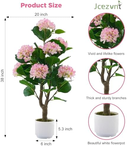 Artificial Hydrangea Tree 2 Pack, 3FT Faux Hydrangea Plant in Pot with Pink Flowers, Greenery Potted Plant for Indoor Outdoor Office Home Porch Decor, Pink - Image 3