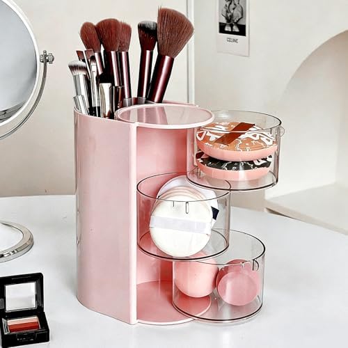 3-Layer Rotating Girls Hair Accessories Organizer Multi-Function Hair Brush Holder Makeup Organizer, Desktop Storage for Hair Clips, Hair Ties, Combs, Jewelry & Stationery (Pink) - Image 5