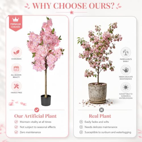 Cherry Blossom Tree 4FT Artificial Plants Indoor - Reinforced Spiral Connection Base & Anti-Shedding Silk Sakura Flowers, Faux Pink Tree for Living Room Home Office Bedroom Decor - Image 6