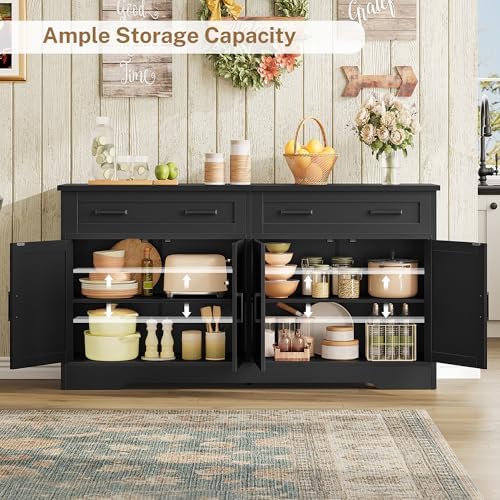 usikey 55" Buffet Cabinet with Storage and Drawers, Large Sideboard Buffet Cabinet with Adjustable Shelves and Doors, Modern Coffee Bar for Kitchen, Living Room, Black - Image 3