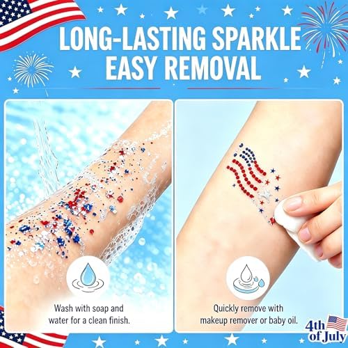 Go Ho 4th of July Red White and Blue Face Hair Body Glitter Stick + 6 Pcs Flag Glitter Freckle Face Tattoos,250 Anniversary USA Merchandise,Patriotic Independence Day Decorations Outfits for Women - Image 6