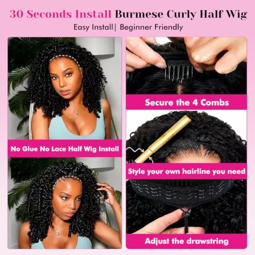Half Wig Burmese Curly Human Hair 28 Inch Wear Go Glueless Wigs #1B - Image 6