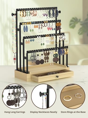 Earring Holder Organizer, 4-Tier Metal Jewelry Display Stand with Wooden Drawer, Large Earring Organizer for Studs, Hoops, and Dangles, Modern Earring Storage Rack for Vanity or Dresser - Image 4