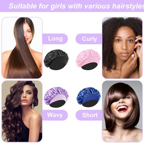 4Pcs Silk Hair Bonnets for Sleeping - Elastic Wide Band Satin Hair Wrap for Sleeping Black Women Men,Silk Bonnets for Curly Hair,Sleep Cap (Purple & Pink & Sapphire Blue & Black) - Image 3