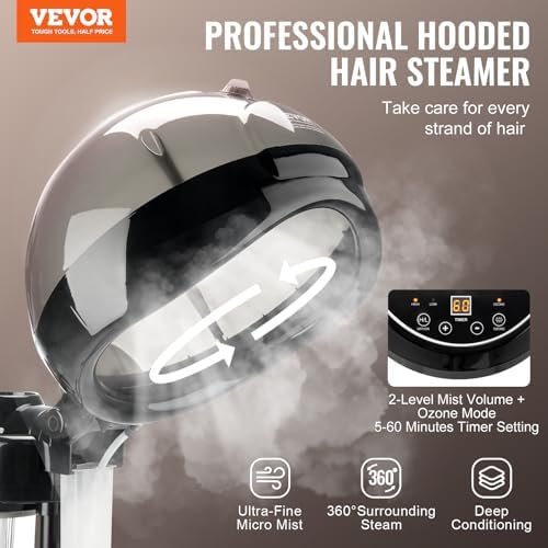 VEVOR Standing Hair Steamer for Deep Conditioning, Professional 11.81-inch Hooded Ionic Hair Steamer with 2 Modes, Height-Adjustable Hair Steamer with Timer, 5 Wheels (2 Lockable) for Home Salon Use - Image 2