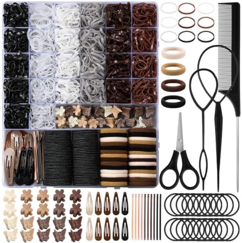 Brown Hair Accessories for Girls, 2194 Pcs Neutral Color Elastic Hair Ties Set with Rubber Bands Baby Hair Clips Bobby Pins Hair Styling Tools Hair Tie Cutter Hair Stuff for Toddler Kids by auroray