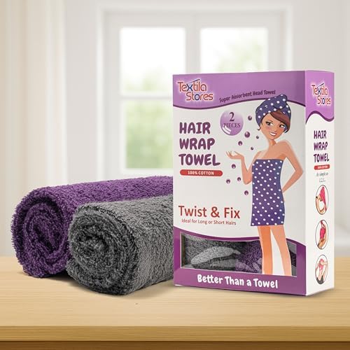 Textila 100% Cotton Hair Wrap Towels for Women (Pack of 2, Plum & Grey) – Soft & Absorbent Turban Towels for Long, Curly, Frizz-Prone Hair - Image 2